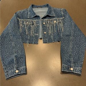 NWOT STUNNING Rhinestone Studded Cropped Jean Jacket w/Rhinestone Fringe Sz:XL